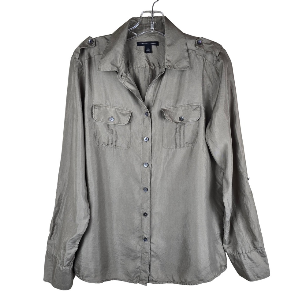 Banana Republic 100% Silk Utility Blouse Taupe Safari Shirt Women's Medium